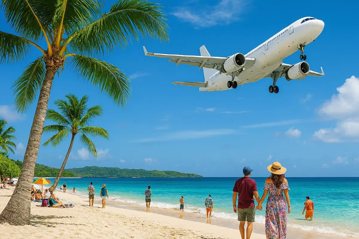 관광객들이 해변에서 여유를 즐기고 있는 사이, 푸른 하늘 위로 착륙 중인 여객기가 야자수 사이를 지나고 있다.